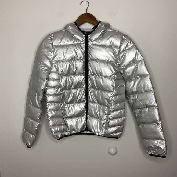 Numero Jackets & Blazers - Numero Puffer Jacket Quilted Hooded Packable Metallic Silver Coat Small Petite
